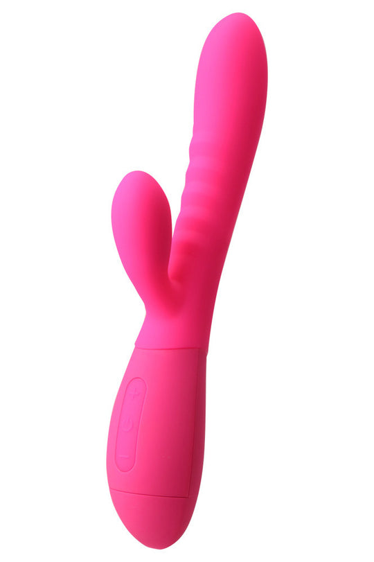 Vibrator dual cu striatii, pentru stimulare vaginala si clitoridiana, Fuchsia, TOY437-55