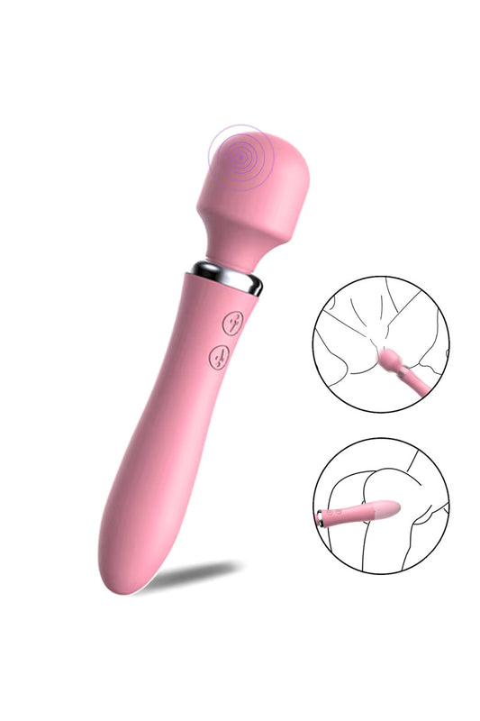 Vibrator dublu tip Wand cu maner ce vibreaza care poate fi folosit ca un vibrator independent, Roz, TOY457-5