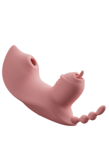 Vibrator Triplu Model Fluture, Funcție de Lingere (Flickering) și Sucțiune, Stimulare Vaginală și Clitoridiană, Silicon Medical, Reîncărcabil USB, Roz, TOY479-5