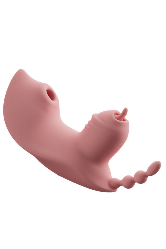 Vibrator triplu, model fluture cu functie de suctiune si lingere, Roz, TOY479-5