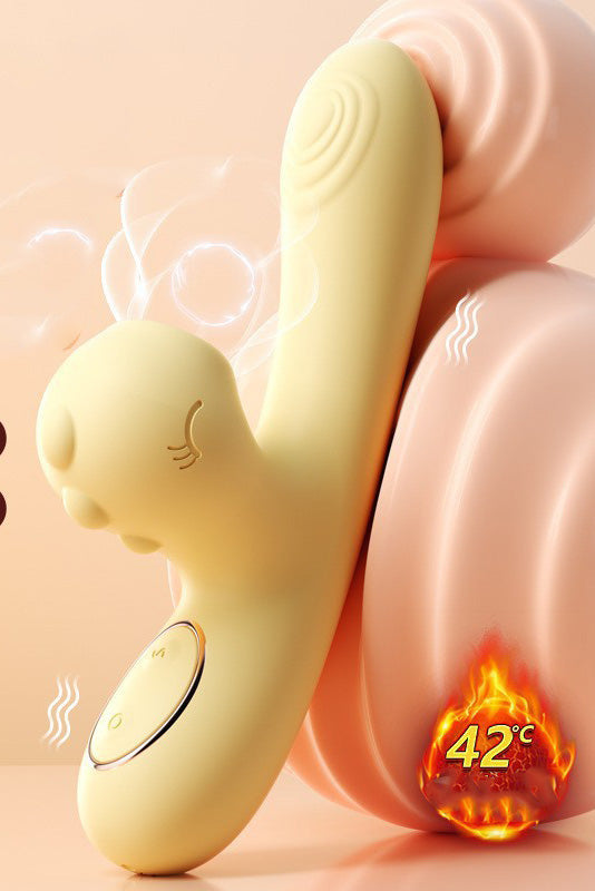 Mini Vibrator dual cu efect de suctiune si incalzire, pentru stimulare vaginala si clitoridiana, Galben, TOY483-9