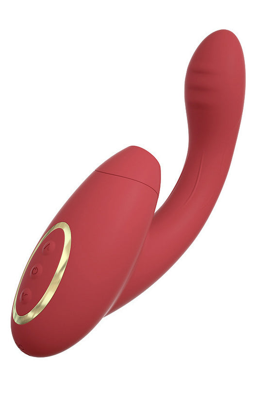 Vibrator dublu cu functie de suctiune, cu 2 motoare, pentru stimulare vaginala si clitoridiana, Rosu, TOY484-3