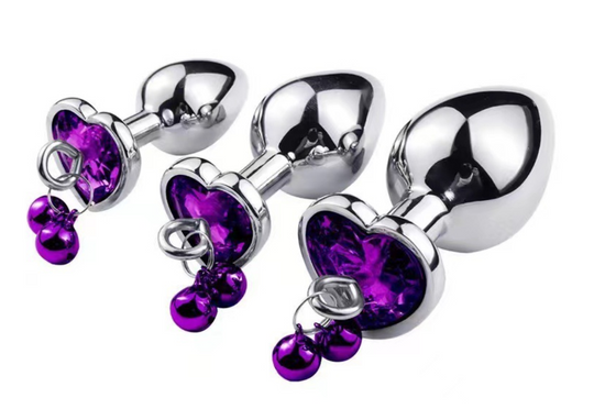 Set 3 dopuri anale (Butt Plug) din metal inoxidabil lucios cu piatra decorativa mov in forma de inimioara - S, M, L, Mov, TOY486A-11