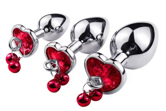 Set 3 dopuri anale (Butt Plug) din metal inoxidabil lucios cu piatra decorativa rosie in forma de inimioara - S, M, L, Rosu, TOY486A-3