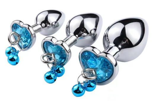 Set 3 dopuri anale (Butt Plug) din metal inoxidabil lucios cu piatra decorativa albastra in forma de inimioara - S, M, L, SkyBlue, TOY486A-48
