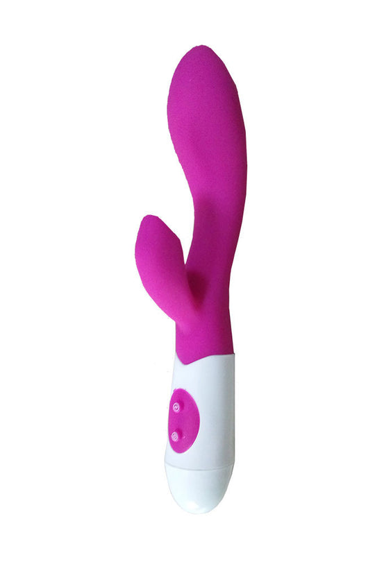 Vibrator dublu pentru stimulare vaginala si clitoridiana cu 2 moare, Mov si Alb, TOY491-11