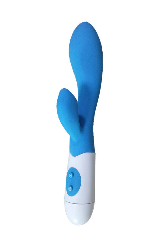 Vibrator dublu pentru stimulare vaginala si clitoridiana cu 2 moare, SkyBlue si Alb, TOY491-48