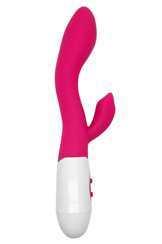 Vibrator dublu pentru stimulare vaginala si clitoridiana cu 2 moare, Fuchsia si Alb, TOY491-55