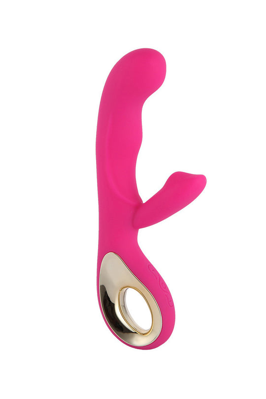 Vibrator dual din silicon pentru stimulare vaginala si clitoridiana simultana, Fuchsia, TOY496-55