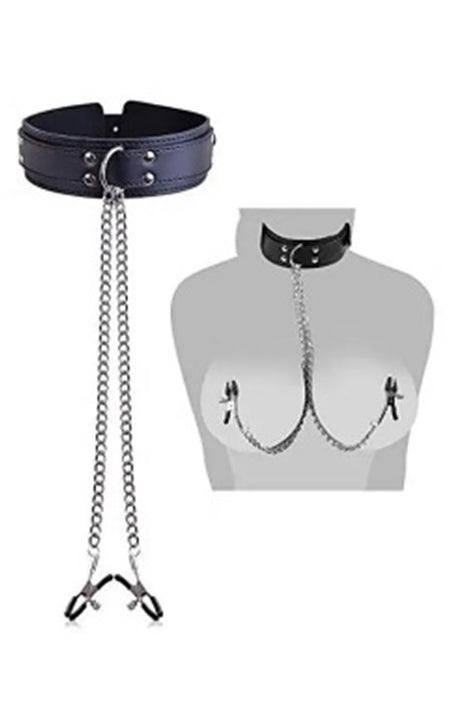 Accesoriu fetish tip chocker cu lanturi ce se prind de sfarcuri, Negru, TOY502-1