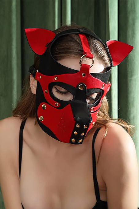 Masca dog BDSM Dominatrix, din piele ecologica, Rosu si Negru, TOY503-3