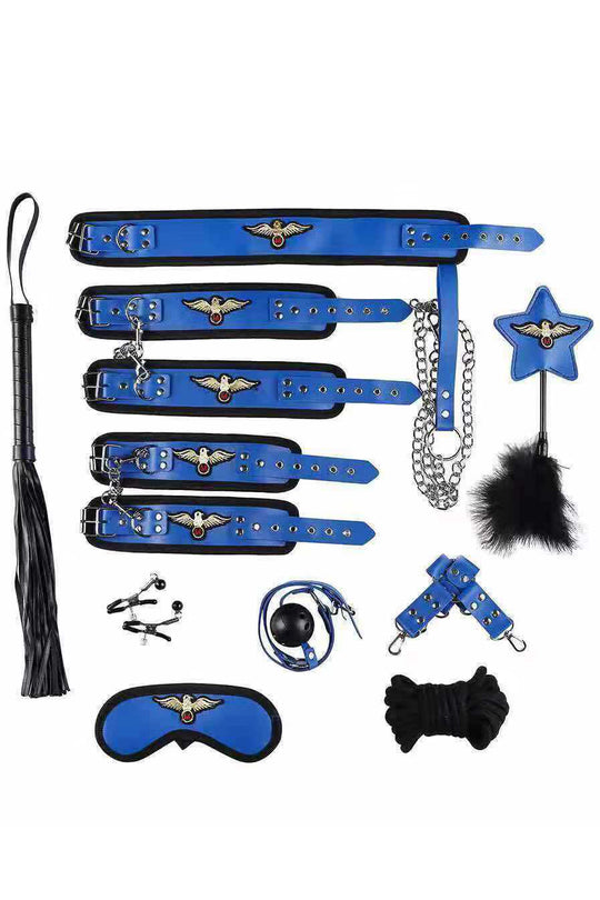 Set fetish/BDSM 11 piese cu tematica de aviator/stewardesa, din piele ecologica, Albastru si Roz, TOY505-4