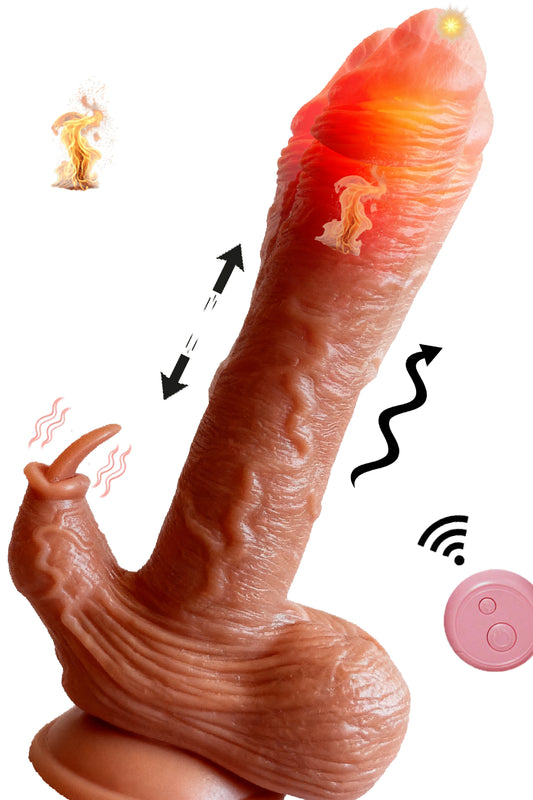 Vibrator dual tip dildo ultrarealistic cu functii telescopice, de rotire si vibrare, pentru stimulare vaginala si clitoridiana, Nude, TOY550-152