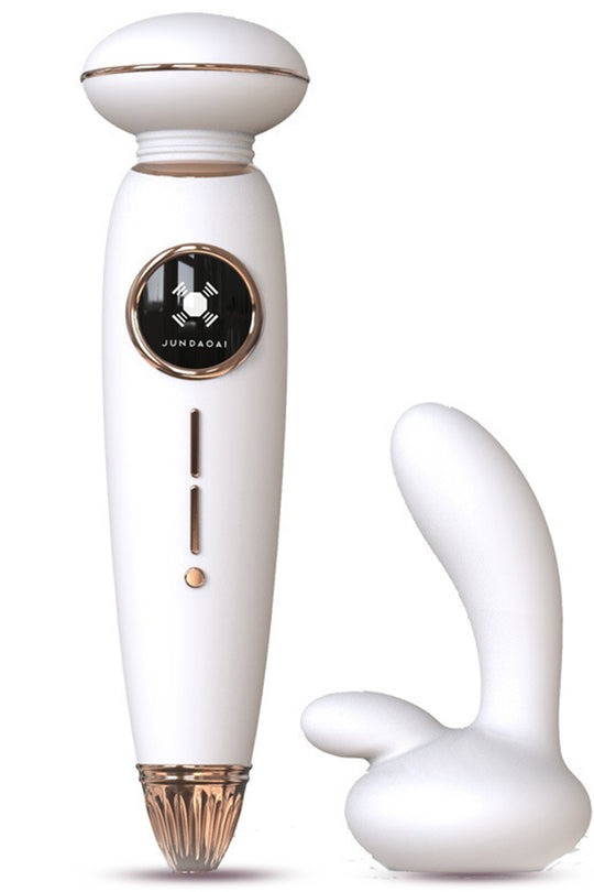 Vibrator premium tip wand cu functie de suctiune si adaptor pentru stimulare vaginala si clitoridiana simultana, Alb,  TOY585-2
