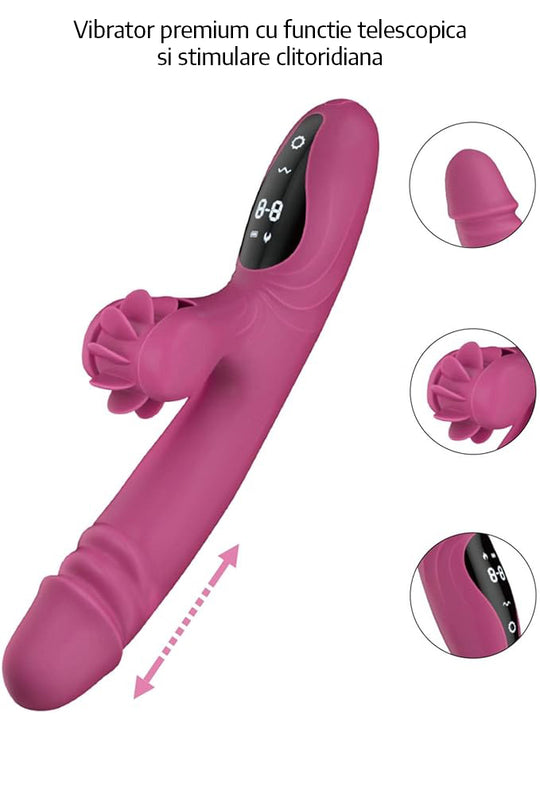 Vibrator premium cu functie telescopica si stimulare clitoridiana, Fuchsia,  TOY589-55