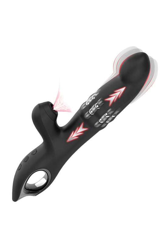 Triple Eclipse 3-Way Pro – Vibrator Rabbit Premium cu Mișcare Telescopică, Ondulare și Tehnologie de Sucțiune, Negru,  TOY610-1
