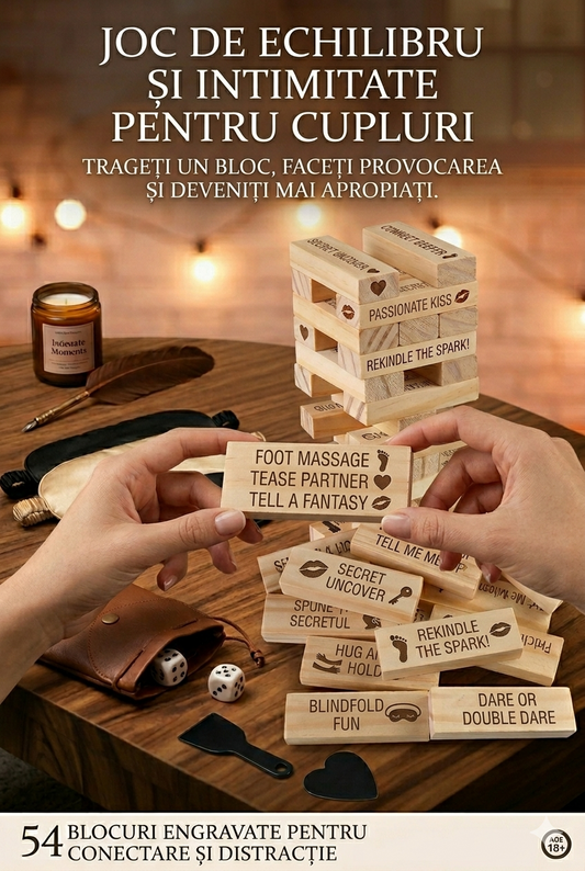 Love Stack (Jenga) – Joc de Societate pentru Adulți – 48 Piese din Lemn cu Sarcini Picante,  TOY632-1881