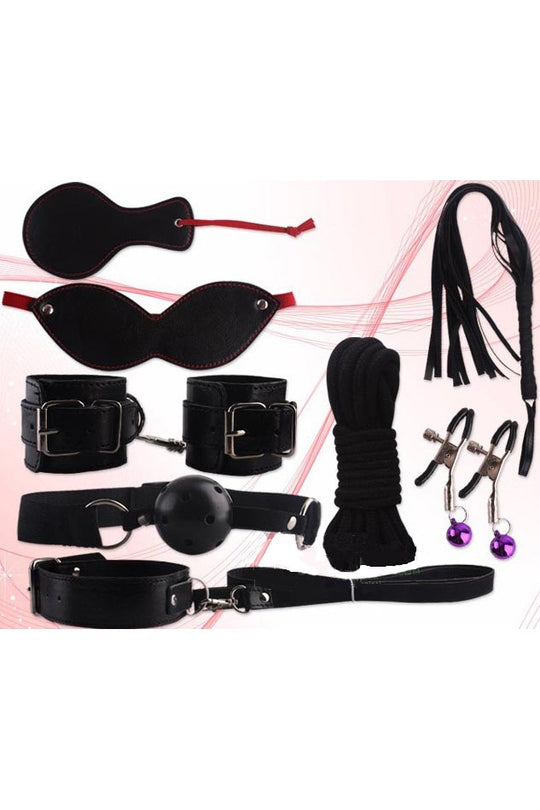 Set 9 piese accesorii fetish/BDSM din imitatie piele, Negru, TOY70-1