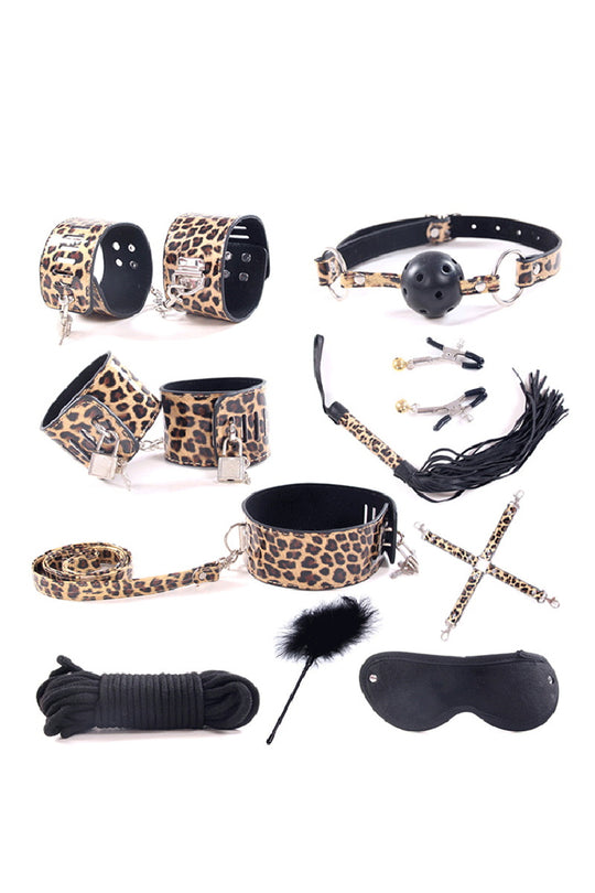 Set fetish/BDSM din 11 piese, din piele ecologica cu print leopard, TOY72-899