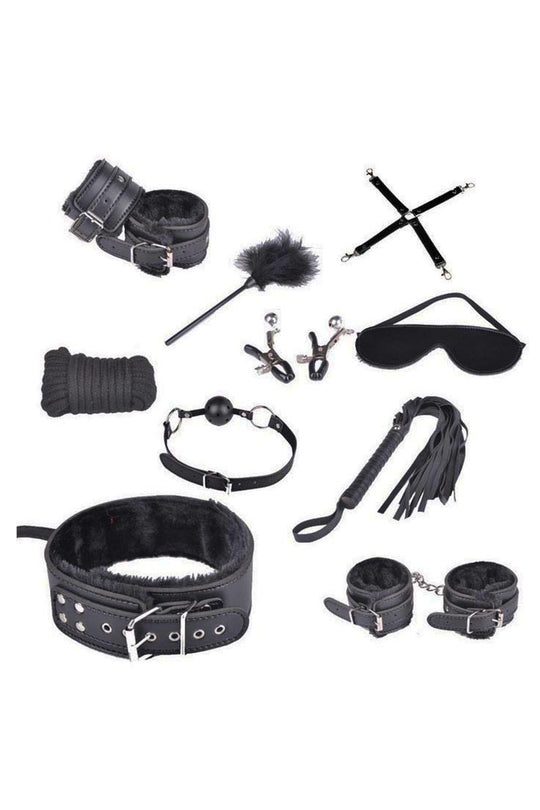 Set fetish/BDSM, 11 piese din piele ecologica cu blanita, Negru, TOY88-1