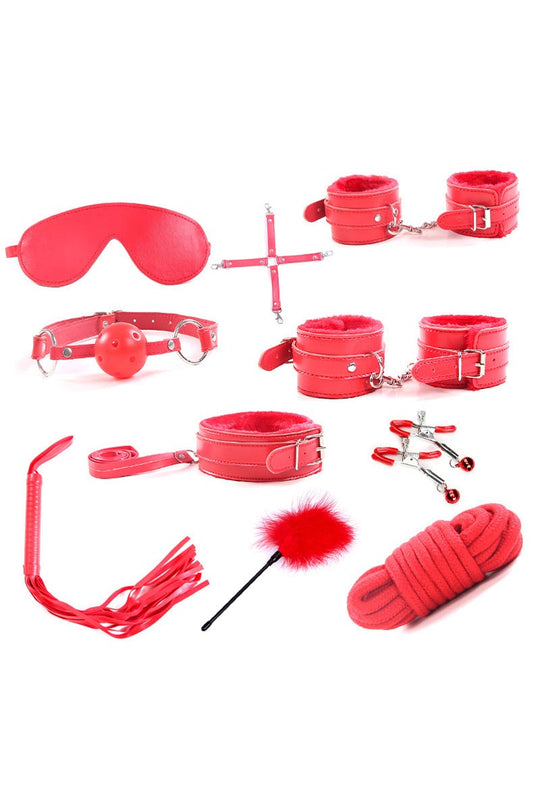 Set fetish 11 piese din piele ecologica cu blanita, Rosu, TOY88-3