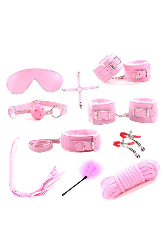 Set fetish 11 piese din piele ecologica cu blanita, Roz, TOY88-5