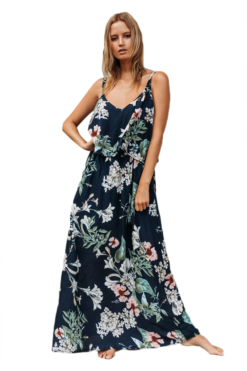 Rochie chic lunga, de vara, stil maxi cu imprimeu floral si volanas U701-244