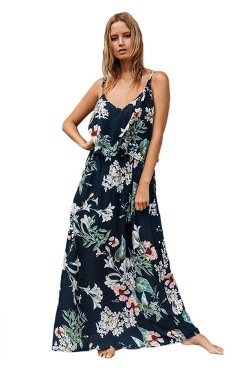 Rochie chic lunga, de vara, stil maxi cu imprimeu floral si volanas U701-244