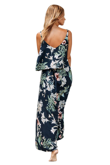 Rochie chic lunga, de vara, stil maxi cu imprimeu floral si volanas U701-244