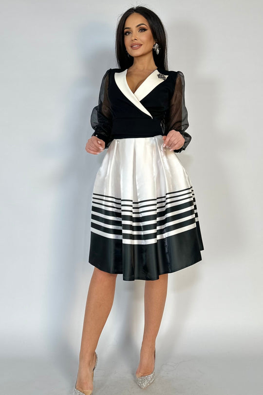 Compleu casual din sacou cu maneci transparente si fusta bufanta, negru cu alb V597-1