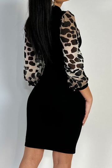Rochie midi casual din material reiat usor elastic si maneci semitransparente cu print leopard V609-100