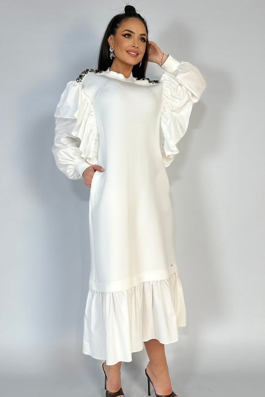 Rochie lunga casual, oversize, accesorizata cu volanase, strasuri si pietre lucioase Y655-2