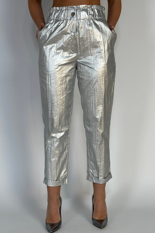 Pantaloni fashion din material creponat argintiu Y664-6