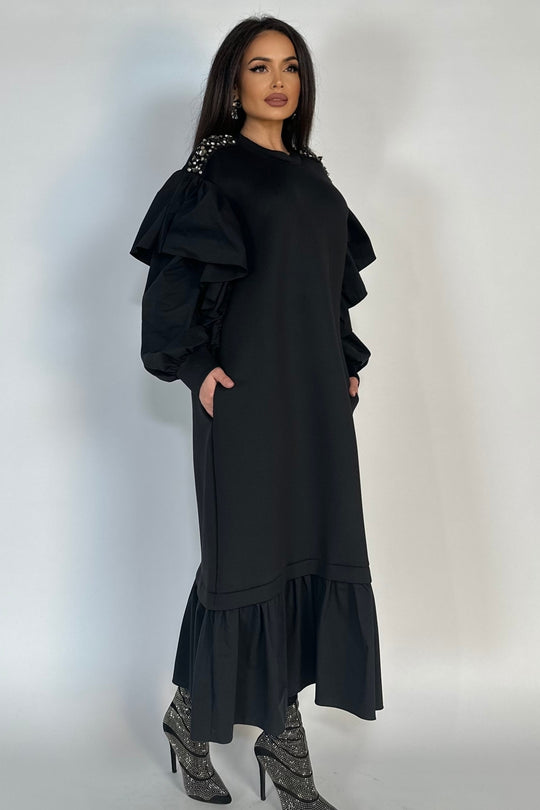 Rochie lunga eleganta accesorizata cu pietricele si volanase Y667-1