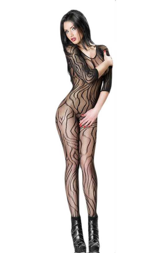 Bodystocking sexy din plasa supraelastica cu model, maneci lungi, Negru BS123-1