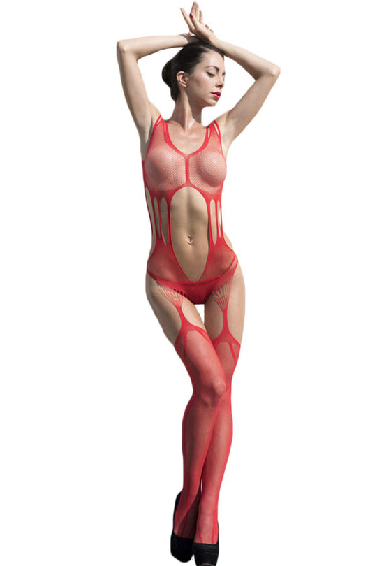 Bodystocking sexy din plasa supraelastica cu model si decupaje, Rosu BS143-3