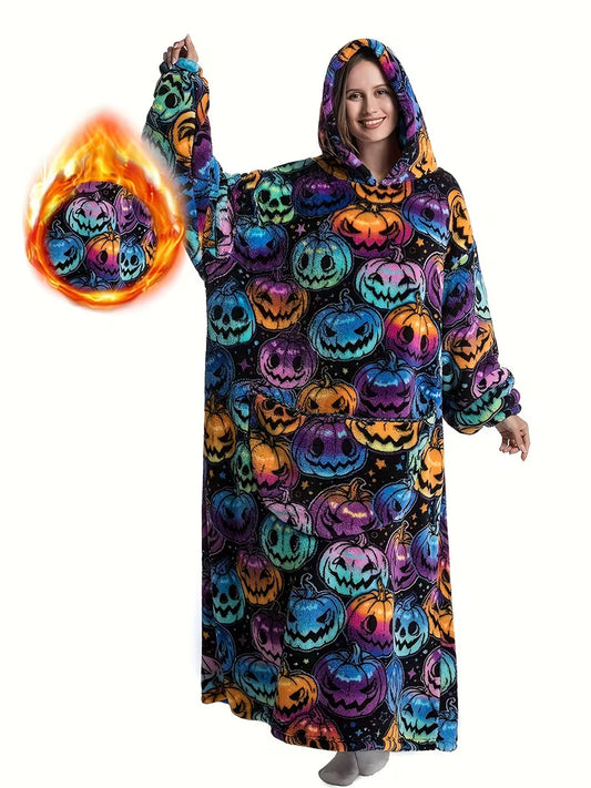 Rochie lunga, pufoasa de casa cu imprimeu dovleci de Halloween si gluga atasata PJM264-100