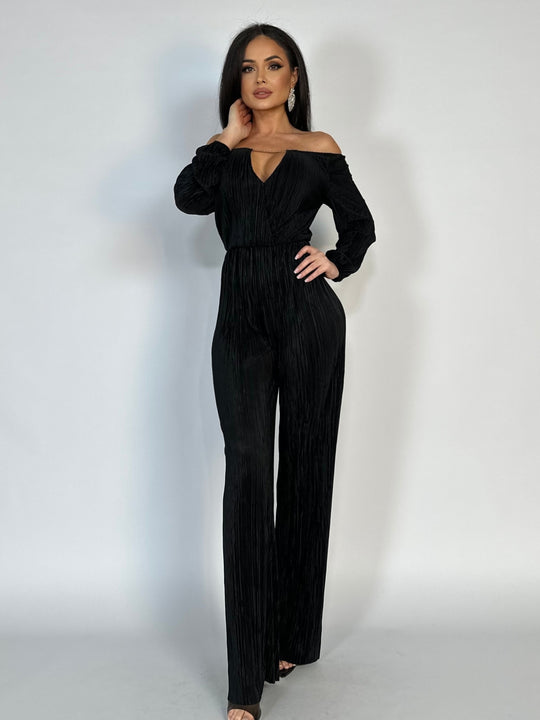 Salopeta casual/elegant cu maneci lungi din material reiat negru H640-1