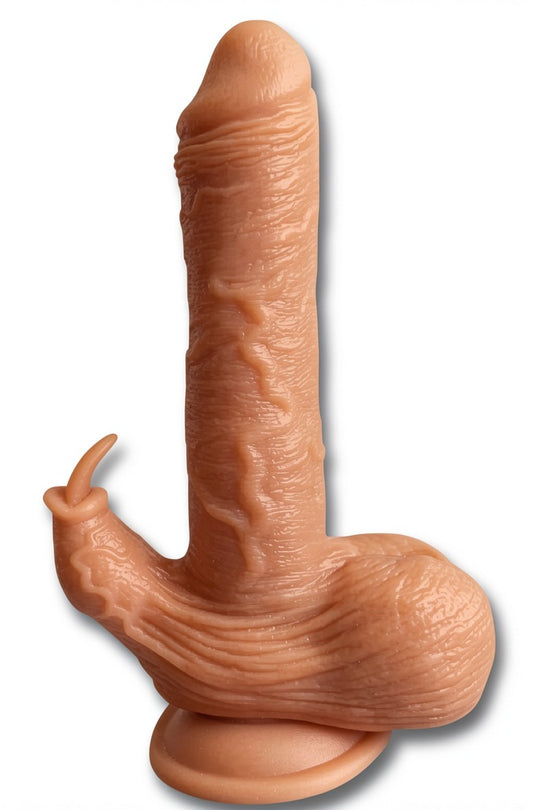 Vibrator dual tip dildo ultrarealistic cu functii telescopice, de rotire si vibrare, pentru stimulare vaginala si clitoridiana, Nude, TOY550-152