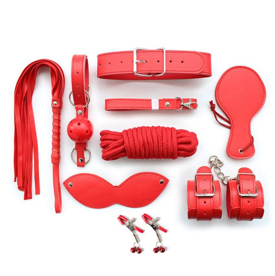 Set 8 piese accesorii fetish din din piele ecologica, Rosu, TOY178-3