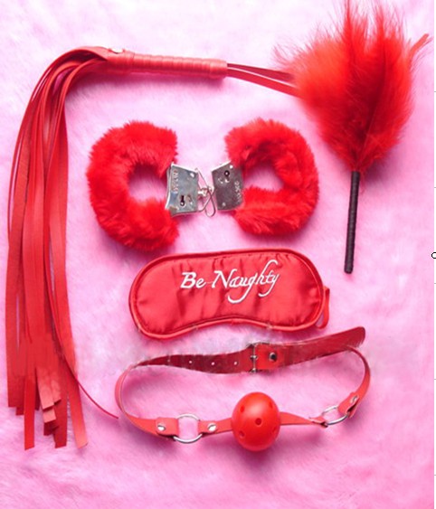 Set 5 piese fetish/BDSM din piele ecologica si material textil, Rosu, TOY181-3