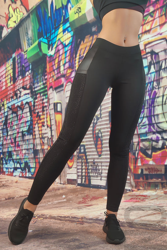 Colanti casual cu talie inalta accesorizat pe laterale cu strasuri negre A783-1