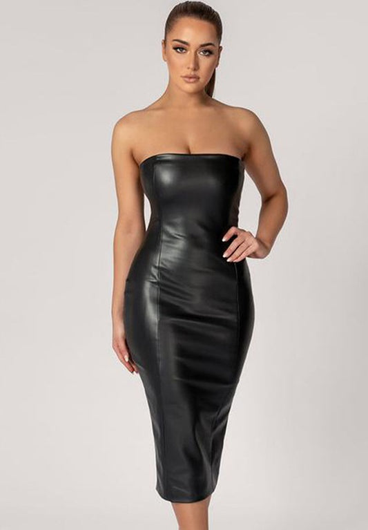 Rochie midi sexy, fara umeri din imitatie piele A824-1