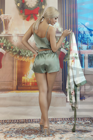 Set 3 piese compleu sexy tip pijama din material satinat cu print floral B729RR-11121