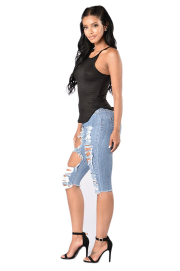 Blugi midi cu taieturi in fata si aspect Destroyed B823-444