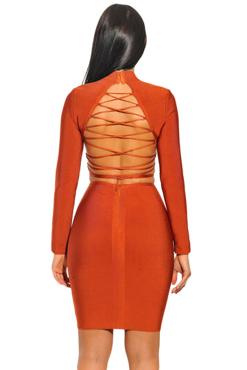 Rochie scurta bandage cu maneci lungi si snur la spate BAN467-19