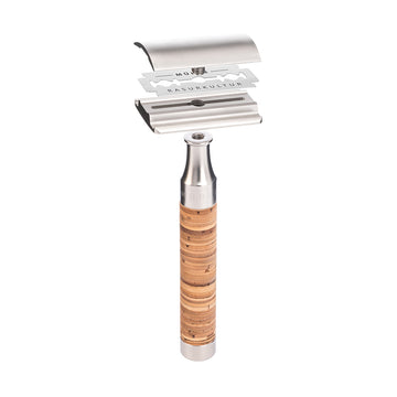 Aparat de ras clasic Safety Razor cu piaptan inchis si maner din otel si scoarta de mesteacan Muehle Rocca R95