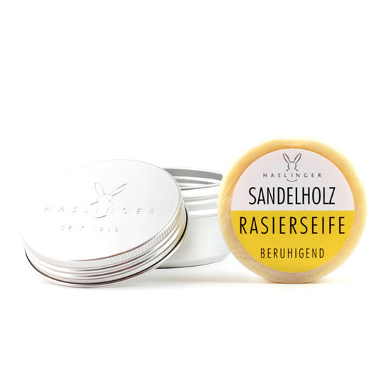 Sapun de barbierit Haslinger cu lemn de santal in bol metalic
