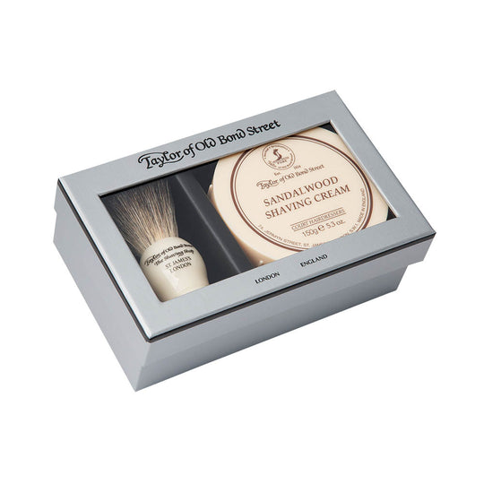 Set cadou Taylor of Old Bond Street cu pamatuf Pure Badger si crema de barbierit Sandalwood