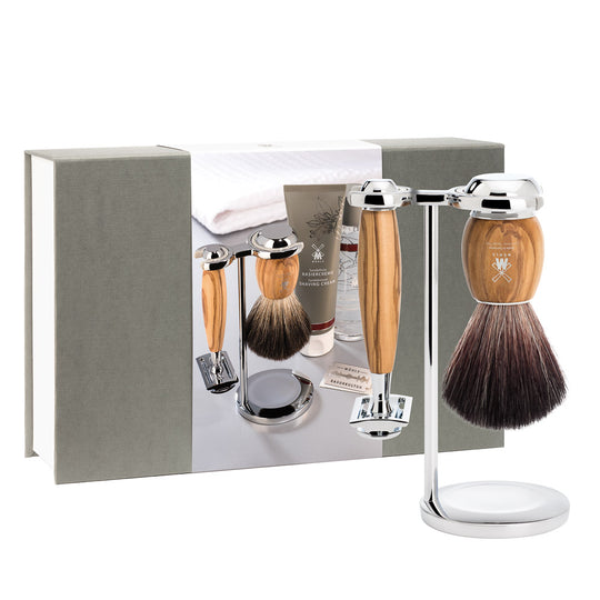 Set de barbierit cu aparat de ras clasic si pamatuf Black Badger cu par de bursuc GS VIVO OLIVE